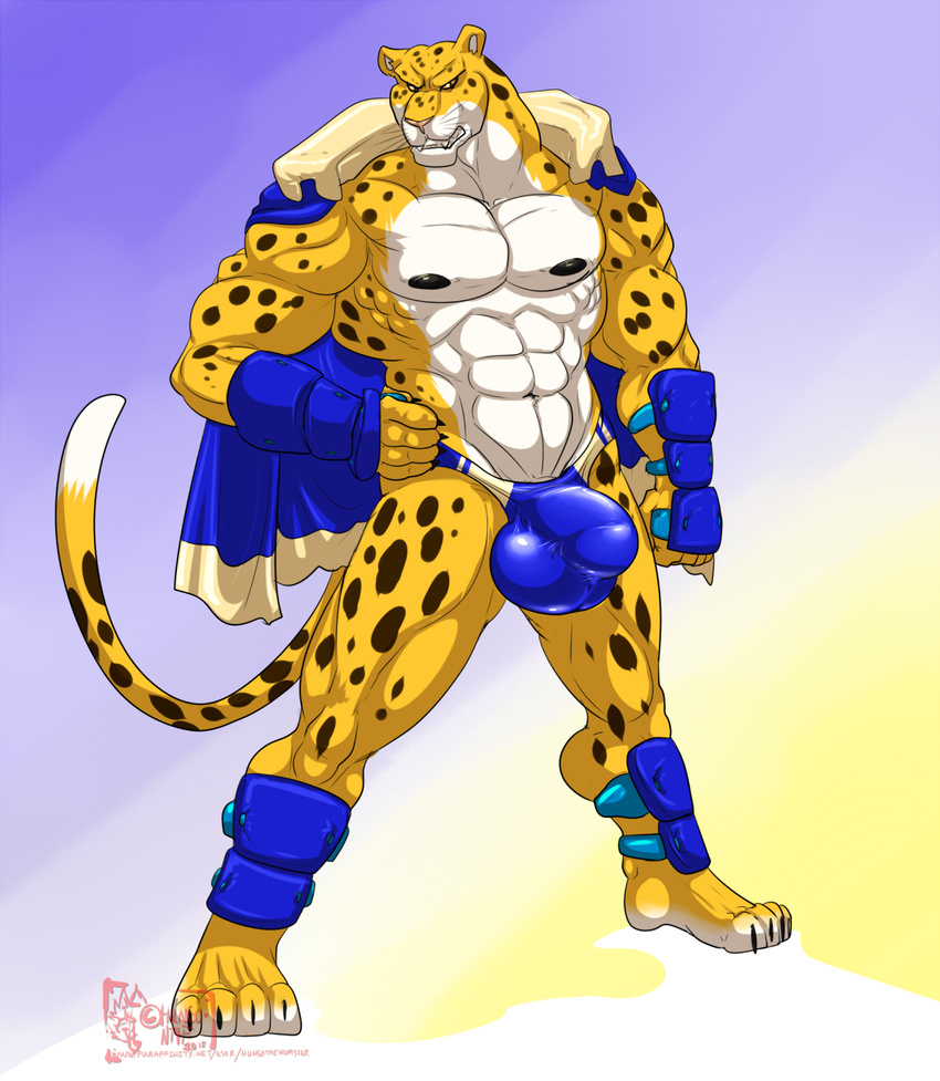 2018 4_toes 5_fingers abs anthro biceps brown_spots bulge cape cheetah clothed clothing digitigrade feline hand_on_hip hungothenomster king_(tekken) male mammal muscular muscular_male nipples penis_outline pink_nose pose sharp_teeth simple_background slit_pupils solo spots standing teeth tekken tight_underwear toes topless video_games whiskers white_skin yellow_skin