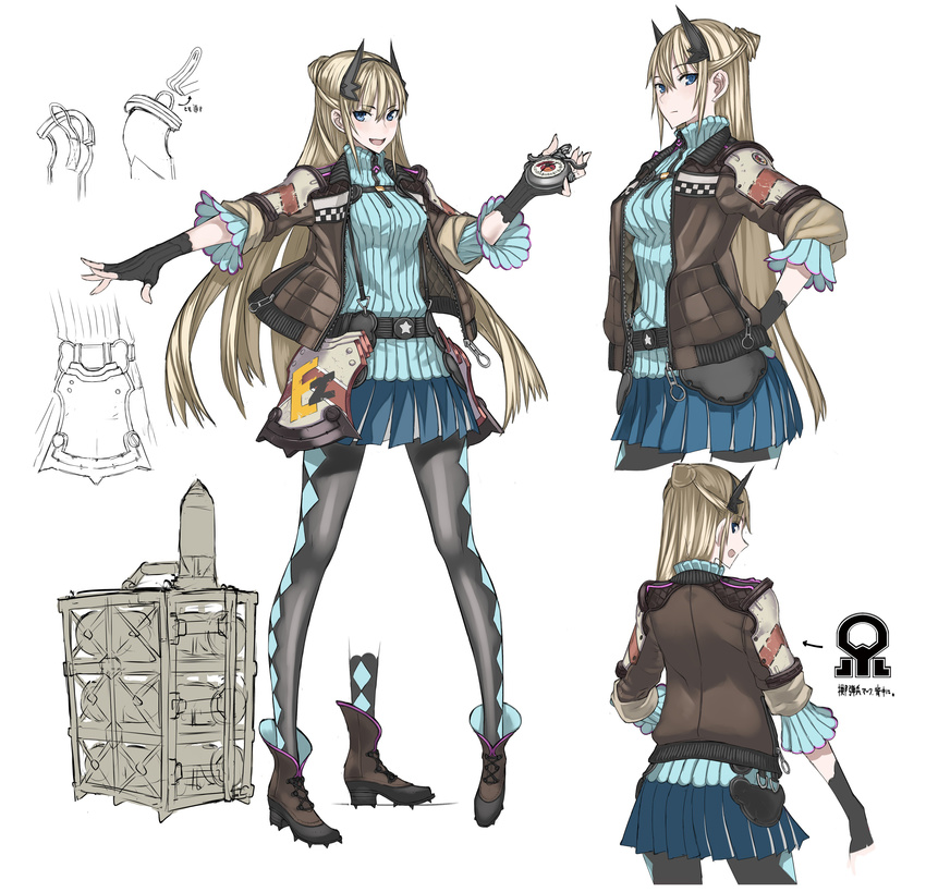 :d absurdres ass back bangs belt black_gloves blonde_hair blue_eyes blue_skirt bomb boots breasts character_sheet eyebrows_visible_through_hair fingerless_gloves full_body gloves hair_bun hair_ornament hairband half_updo highres holding honjou_raita jacket long_hair long_sleeves looking_at_viewer looking_back medium_breasts multicolored multicolored_clothes multicolored_legwear multiple_views official_art open_mouth outstretched_arm pantyhose pleated_skirt reiley_miller ribbed_sweater senjou_no_valkyria senjou_no_valkyria_4 simple_background skirt smile star sweater watch white_background