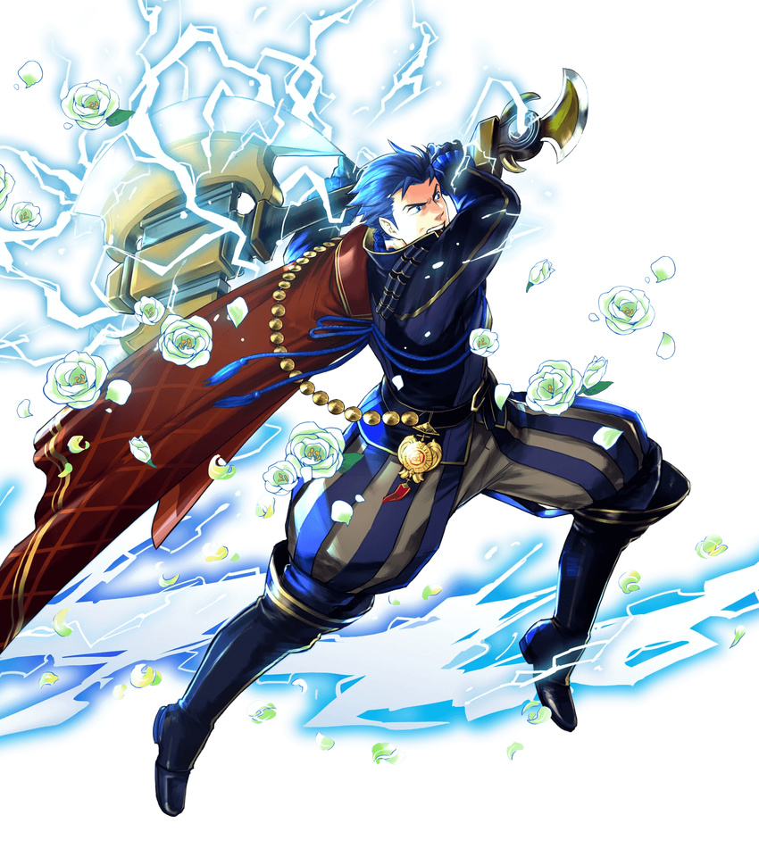 armads axe blue_eyes blue_hair cape fire_emblem fire_emblem:_rekka_no_ken fire_emblem_heroes full_body hector_(fire_emblem) highres lightning looking_at_viewer male_focus official_art open_mouth solo suekane_kumiko transparent_background weapon