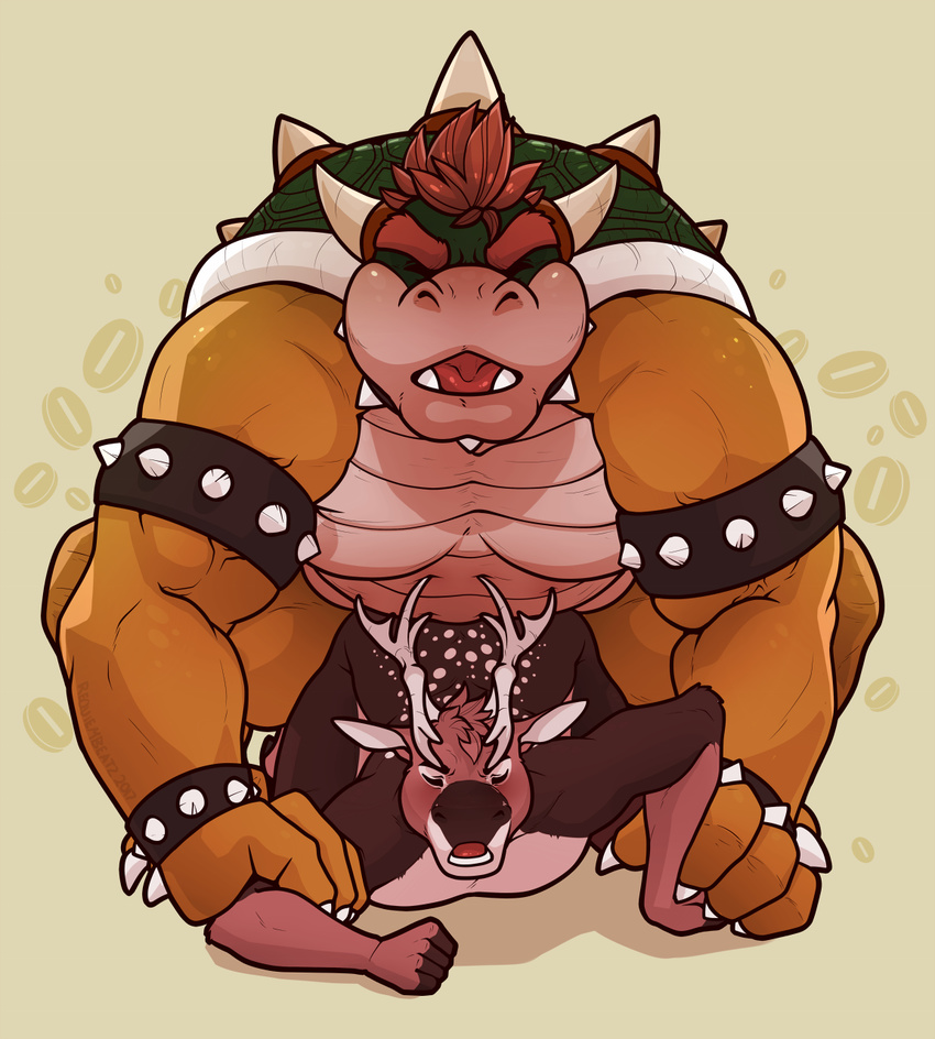 anal anal_penetration anthro big_dom_small_sub bowser cervine deer duo eyes_closed from_behind_position koopa male mammal mario_bros muscular muscular_male nintendo nude open_mouth penetration requiembeatz scalie sex size_difference video_games