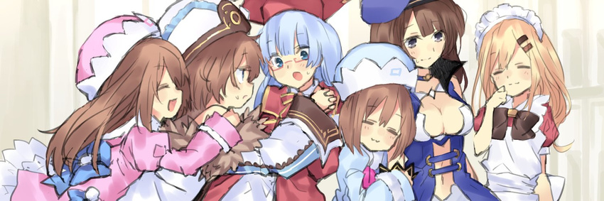 :d :o apron blanc blancpig_yryr blonde_hair blue_coat blue_dress blue_eyes blue_hair blue_hat blush breasts brown_hair c-sha cleavage closed_eyes commentary_request dress facing_another financier frown fur_trim glasses hair_ornament hairclip hat holding_hands hug hug_from_behind jacket leaning_on_person long_hair looking_at_another maid maid_apron maid_headdress medium_breasts multiple_girls navel navel_cutout neptune_(series) nishizawa_mina open_mouth pink_coat pink_hat ram_(choujigen_game_neptune) red_jacket rom_(choujigen_game_neptune) short_hair siblings sisters smile surprised twins wavy_mouth white_coat white_hat wide_sleeves