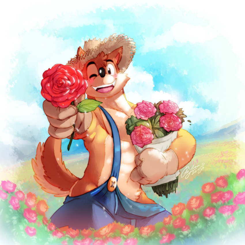 2015 4_fingers abs anthro black_nose blush bouquet brown_eyes canine clothing flower fur gloves hat hi_res holding_flower holding_object holidays looking_at_viewer male mammal muscular offering_to_viewer one_eye_closed open_mouth open_smile overalls pecs piti_yindee plant signature sky smile solo straw_hat tan_fur valentine's_day wink wolf wuffle wuffle_(webcomic)