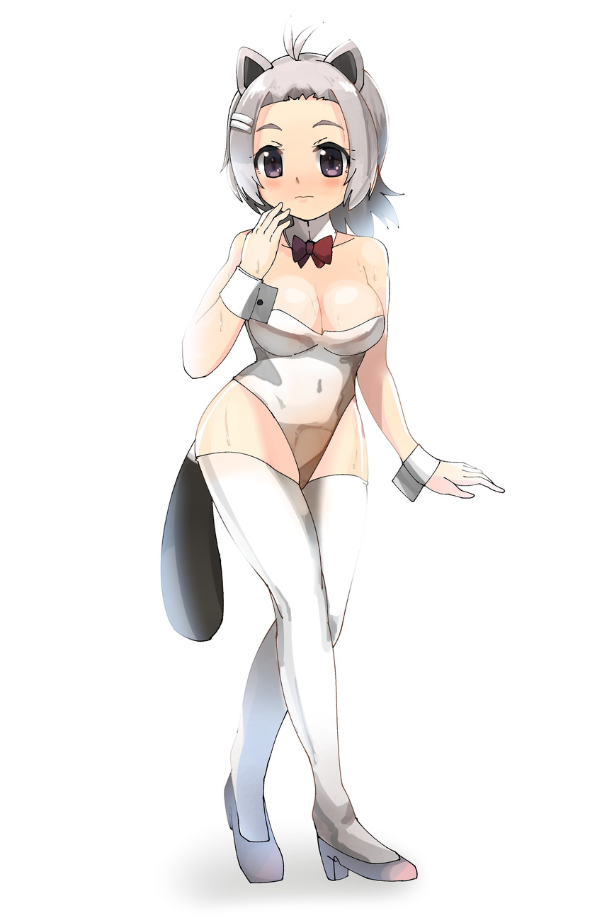 absurdres alternate_costume american_beaver_(kemono_friends) animal_ears bare_shoulders beaver_ears beaver_tail blush bow bowtie breasts forehead hair_tie hand_over_face high_heels highres kemono_friends large_breasts leotard omnisucker short_hair sleeve_cuffs strapless strapless_leotard sweat tail thighhighs white_legwear white_leotard