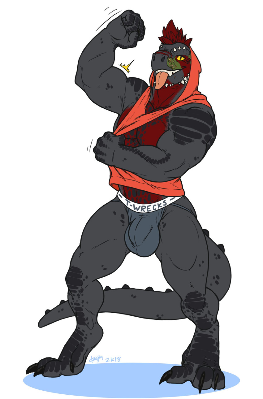 anthro argonian biceps big_muscles bulge clothed clothing dinosaur exercise fangs flexing green_skin grey_skin hair hoodie horn invalid_tag jockstrap kenjin looking_at_viewer male markings muscular muscular_male pecs pinup pose red_hair red_skin reptile scales scalie scar simple_background solo spots standing tagg taggcrossroad the_elder_scrolls tongue tongue_out trex underwear video_games white_background workout yellow_eyes