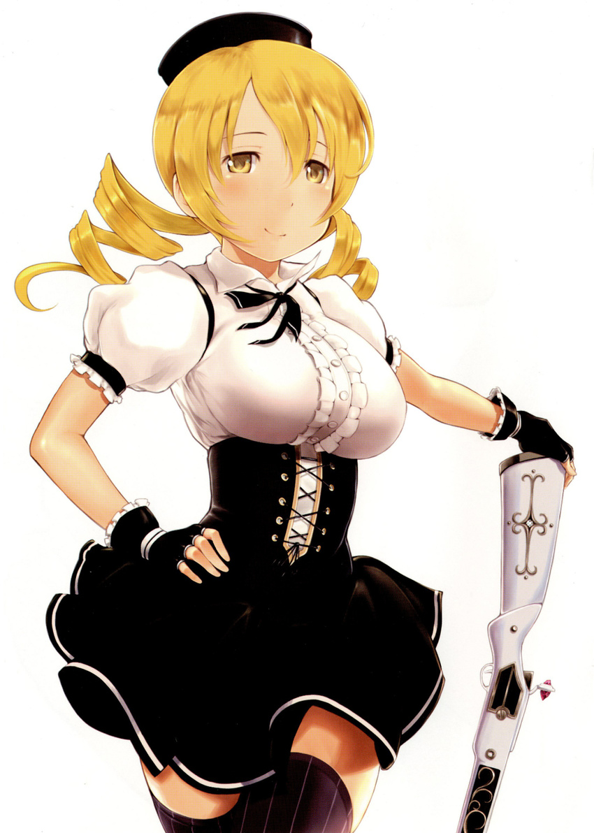 absurdres antique_firearm black_gloves blonde_hair bodice breasts corset drill_hair fingerless_gloves firearm gloves gun hand_on_hip hat highres large_breasts looking_at_viewer mahou_shoujo_madoka_magica non-web_source puffy_sleeves rifle shirt skirt smile solo striped striped_legwear thighhighs tomoe_mami twin_drills underbust wa_(genryusui) weapon yellow_eyes zettai_ryouiki