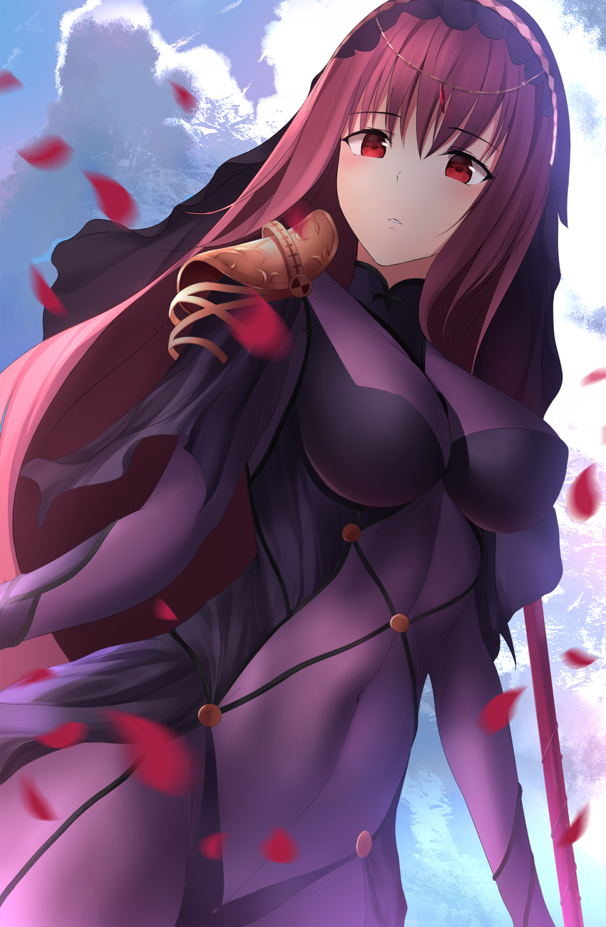 armor bodystocking bodysuit breasts commentary_request covered_navel fate/grand_order fate_(series) gae_bolg hair_intakes highres holding holding_weapon large_breasts long_hair nene_(umrhaishixiaomai) pauldrons polearm purple_bodysuit purple_hair red_eyes scathach_(fate)_(all) scathach_(fate/grand_order) shoulder_armor skin_tight solo spear veil weapon