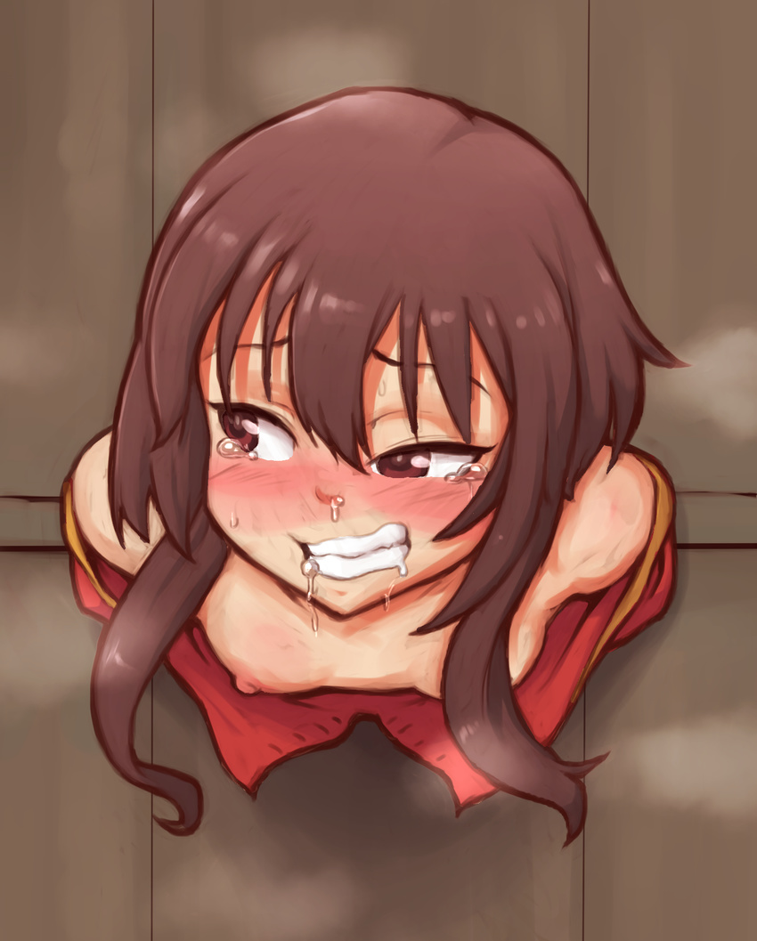 1girl bare_shoulders bent_over blush breasts clenched_teeth dress erect_nipples half-closed_eyes highres kono_subarashii_sekai_ni_shukufuku_wo! megumin nipples no_bra off_shoulder pillory public_use randomboobguy rape saliva small_breasts smile solo tears through_wall upper_body wall wavy_mouth