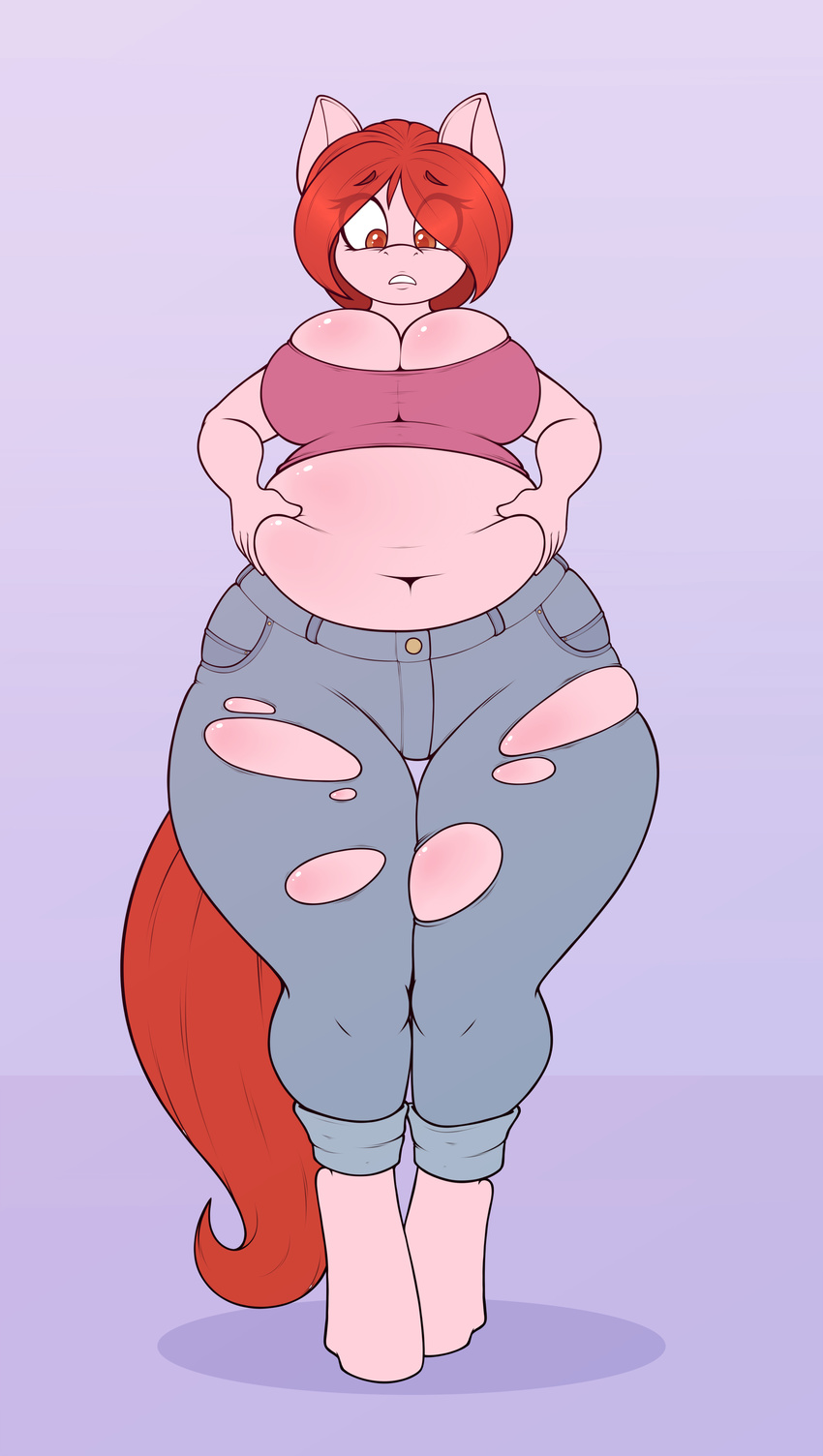 2018 absurd_res anthro belly big_belly big_breasts breasts clothed clothing digital_media_(artwork) equine eyebrows_visible_through_hair fan_character female hair hi_res mammal my_little_pony navel overweight overweight_female pigeon_toed short_hair simple_background slightly_chubby solo stunnerpony thigh_gap torn_clothing translucent_hair tube_top wardrobe_malfunction
