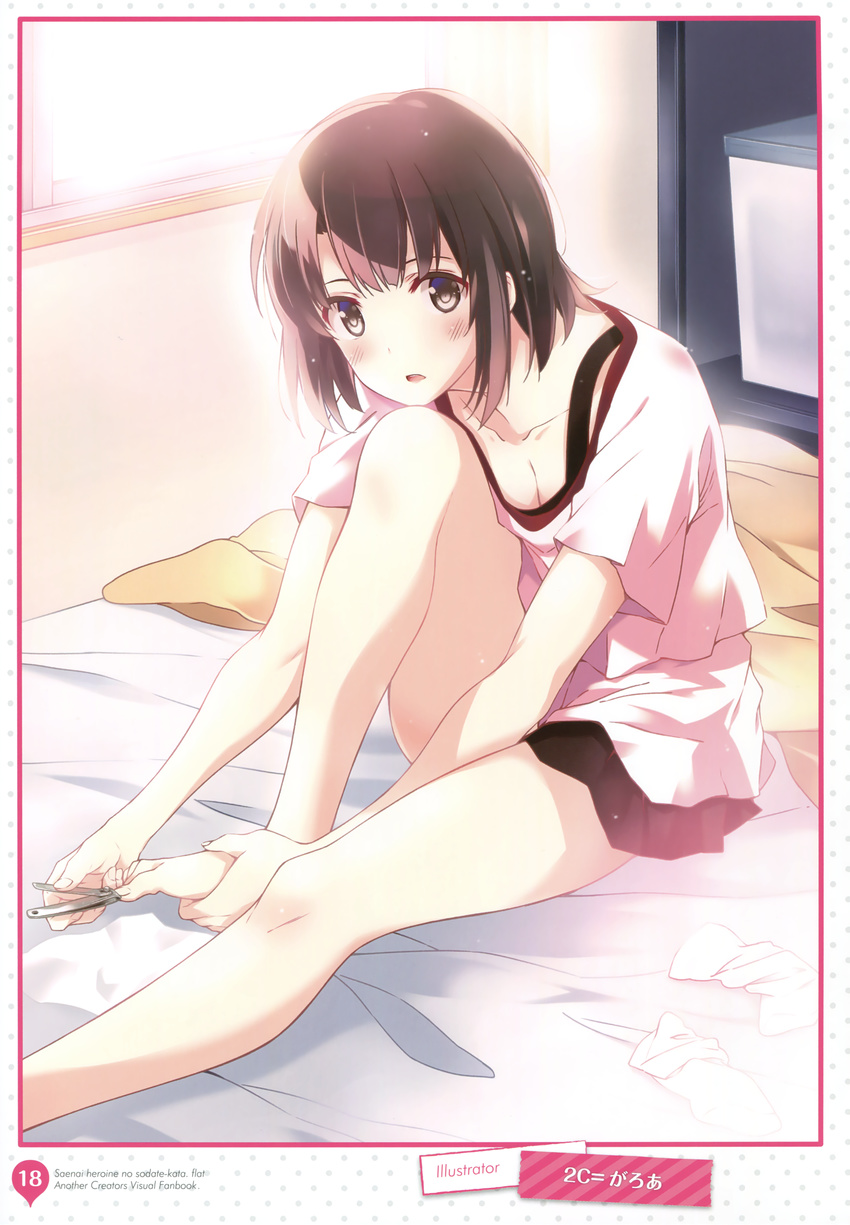 2c=galore absurdres artist_name barefoot blush breasts brown_eyes brown_hair casual cleavage clipping_nails collarbone d: highres holding_own_foot katou_megumi medium_breasts nail_clippers open_mouth page_number saenai_heroine_no_sodatekata scan shirt sitting socks_removed toes white_legwear white_shirt window