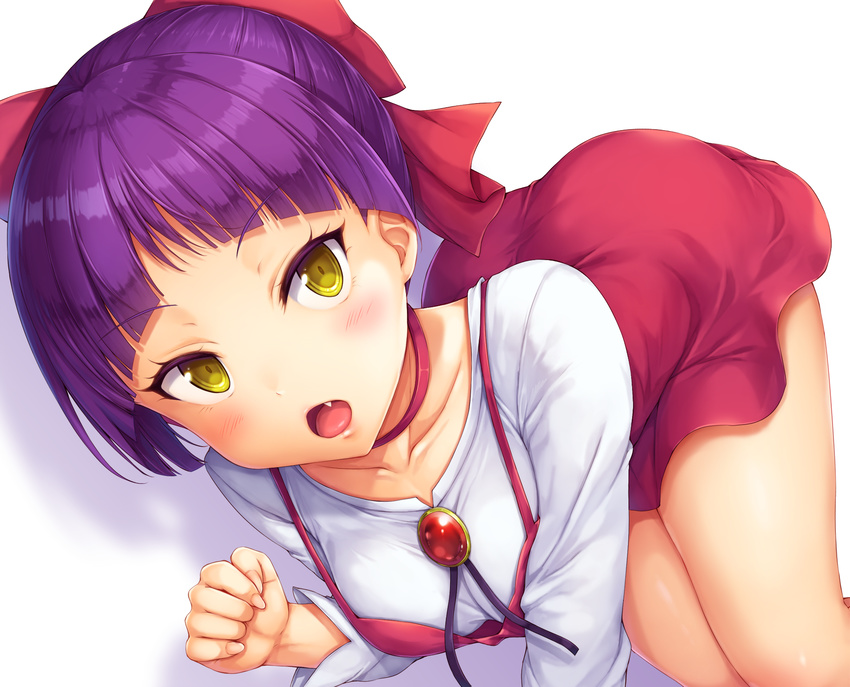 :o bangs blush bow breasts brooch choker collarbone colored_eyelashes dress dutch_angle eyebrows_visible_through_hair eyelashes fang feet_out_of_frame fingernails foreshortening gegege_no_kitarou gem hair_bow highres jewelry long_fingernails long_sleeves looking_at_viewer lying medium_breasts nekomusume nekomusume_(gegege_no_kitarou_6) on_side open_mouth pinafore_dress red_bow red_choker red_dress shirt short_dress short_hair snowcanvas solo thighs tsurime v-shaped_eyebrows white_shirt yellow_eyes