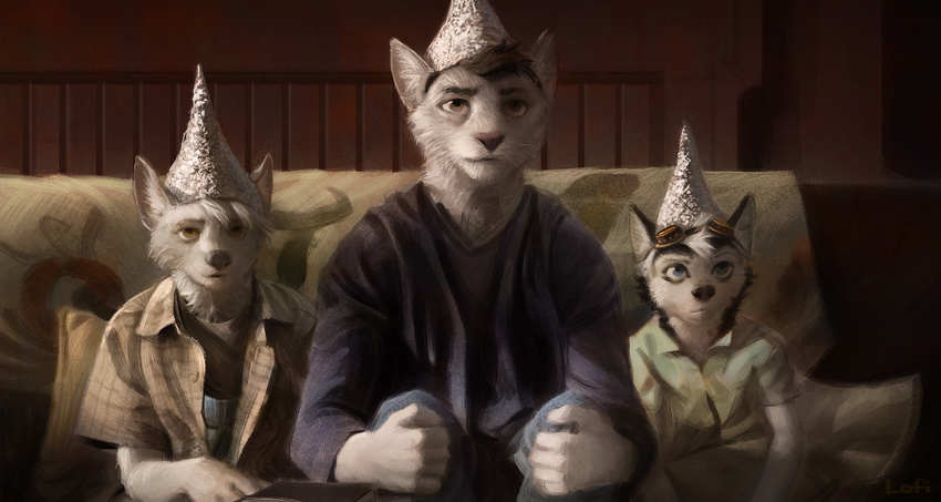 anthro bedding blanket blue_eyes book brown_eyes canine cat cheek_tuft clothed clothing dog eyewear feline goggles group hair hands_on_knees hat husky inner_ear_fluff inside lofi male mammal on_sofa photorealism pillow signs_(film) sitting tinfoil_hat tuft whiskers young