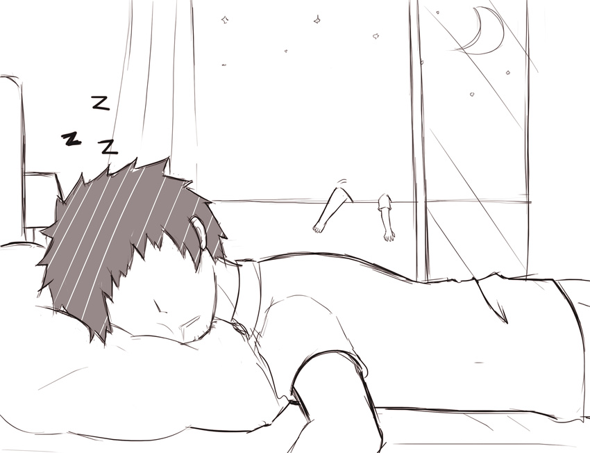 climbing comic commentary crescent_moon curtains faceless faceless_male greenteaneko greyscale highres indoors lamp lying monochrome moon on_bed on_stomach original pillow shirt short_sleeves silent_comic sketch sky sleeping solo_focus star_(sky) starry_sky window zzz