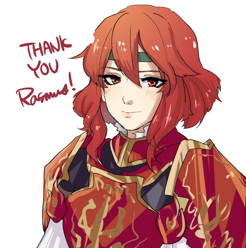 armor blush fire_emblem fire_emblem:_monshou_no_nazo headband highres minerva_(fire_emblem) misokatsuhaumai red_armor red_eyes red_hair short_hair smile solo