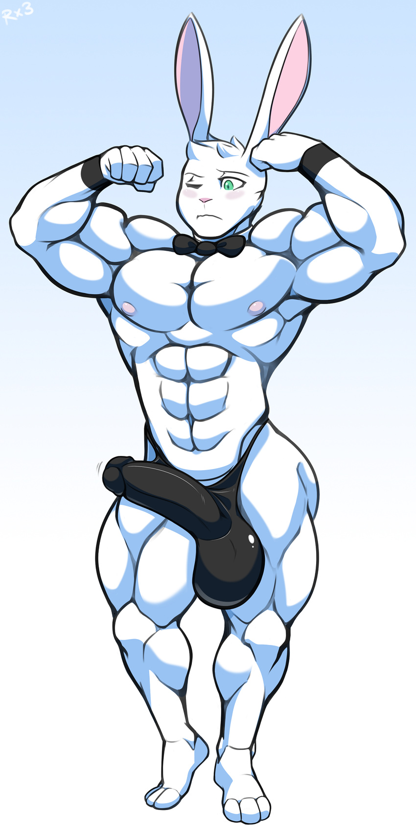 2017 abs anthro balls biceps big_balls big_muscles big_penis blush bow_tie bulge clothing fur green_eyes hair huge_penis humanoid_penis lagomorph male male_focus mammal muscular muscular_male navel nipples pecs penis pose rabbit rokiloki simple_background solo thong