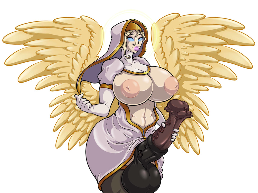 adjatha angel animal_genitalia animal_penis armwear balls big_balls big_breasts blonde_hair blue_eyes breasts clothed clothing dickgirl elbow_gloves equine_penis erection feathered_wings feathers gloves hair huge_breasts humanoid intersex inverted_nipples masturbation nipples not_furry open_shirt penis solo winged_humanoid wings