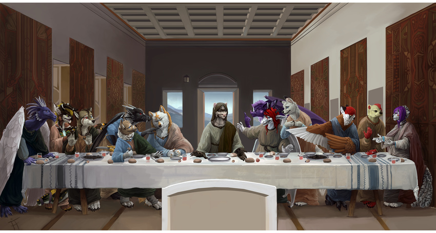 2011 alradeck anthro avian bird canine claws clothed clothing digital_media_(artwork) dragon feathered_wings feathers female ferret group hair horn hybrid inspired_by_proper_art male mammal membranous_wings mustelid paws red_hair the_last_supper weasel white_bars wings wolf