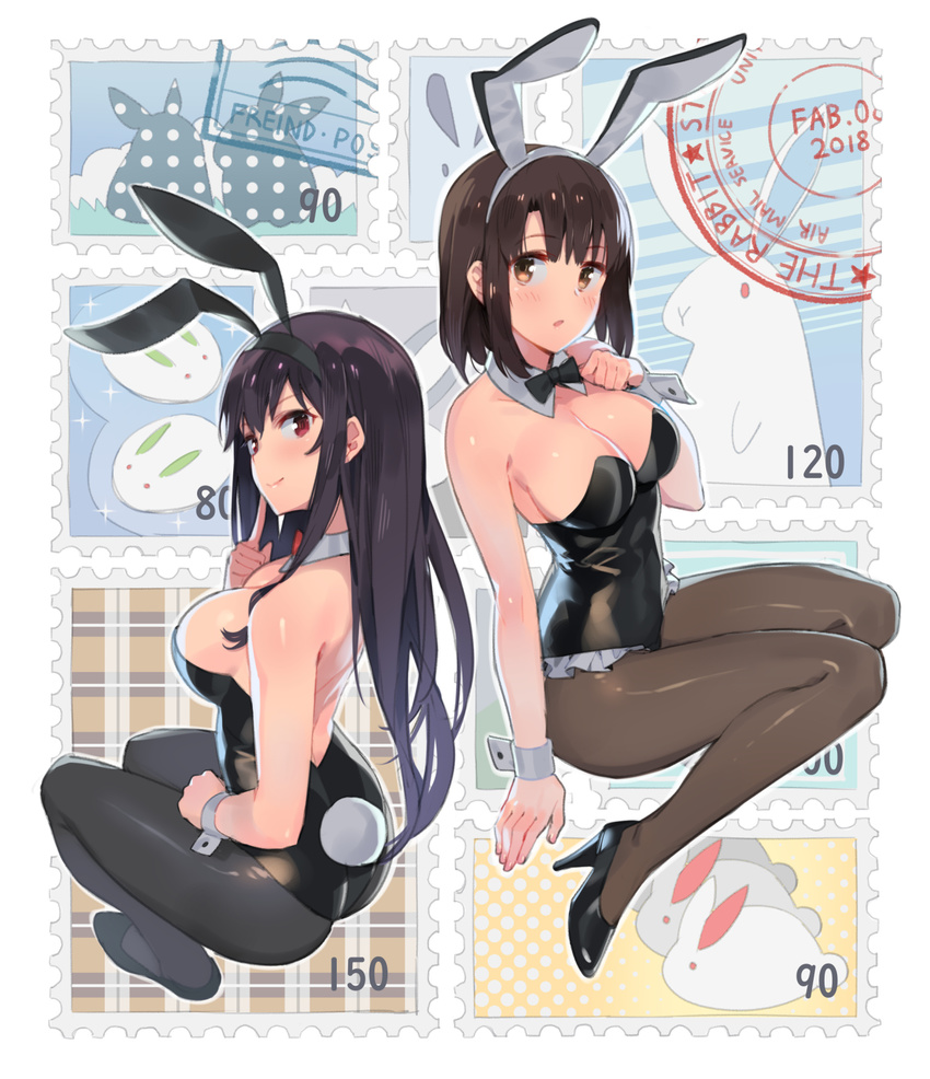 2girls :o animal_ears bangs bare_shoulders black_hair black_legwear black_leotard blush breasts brown_eyes brown_hair bunny bunny_ears bunny_tail bunnysuit cleavage closed_mouth commentary_request ddal detached_collar eyebrows_visible_through_hair fake_animal_ears fake_tail frill_trim full_body high_heels highres kasumigaoka_utaha katou_megumi large_breasts legs_together leotard long_hair looking_at_viewer looking_back multiple_girls open_mouth pantyhose purple_hair red_eyes saenai_heroine_no_sodatekata short_hair sidelocks sitting smile snow_bunny stamp tail