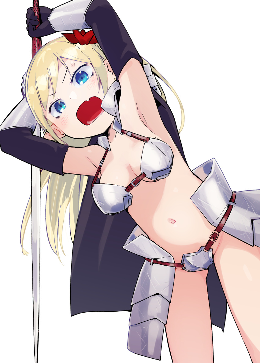 armor armpits arms_behind_head bare_shoulders bikini_armor black_gloves blonde_hair blue_eyes blush breasts cape cleavage elbow_gloves fang gauntlets gloves highres holding holding_sword holding_weapon long_hair looking_at_viewer mizu_asato navel open_mouth original pointy_ears revealing_clothes simple_background small_breasts solo sweat sword teeth weapon white_background