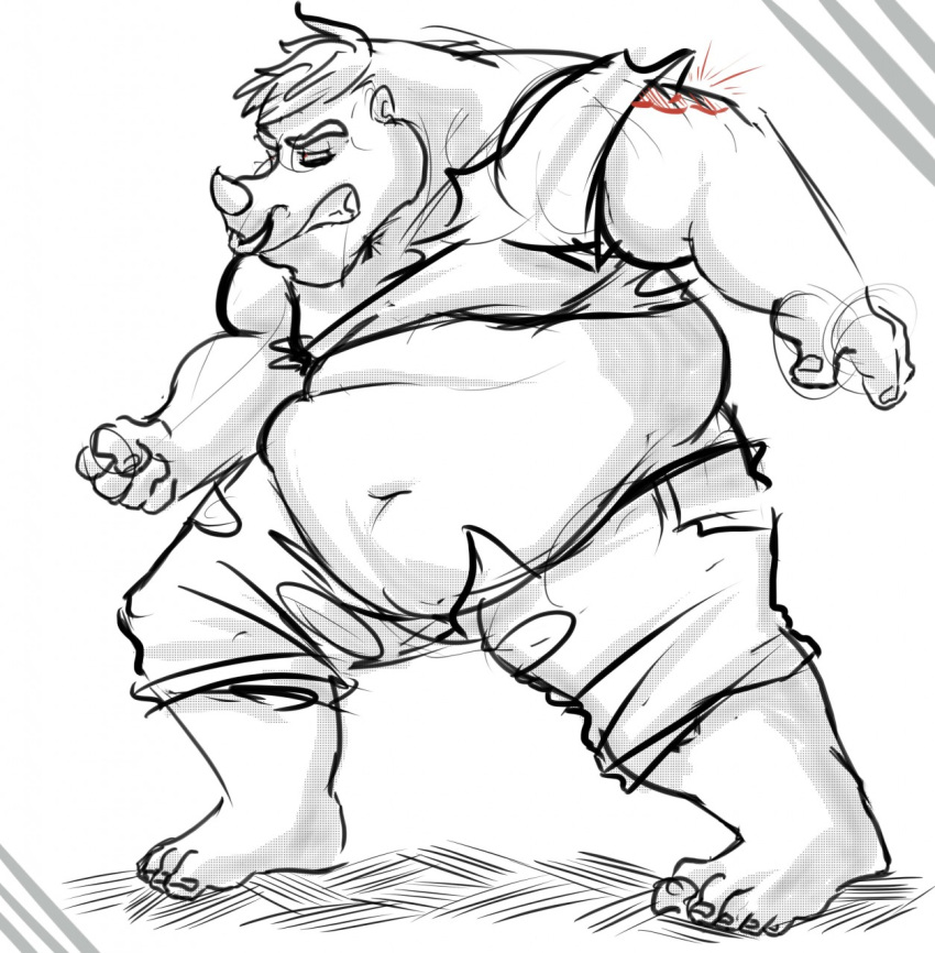 anthro barefoot belly big_belly captainjusticevirtsuoso clenched_teeth clothed clothing eyes_closed facial_piercing hair horn human human_to_anthro male mammal midriff navel nose_piercing nose_ring overweight overweight_male piercing rhinoceros simple_background solo teeth torn_clothing transformation weight_gain