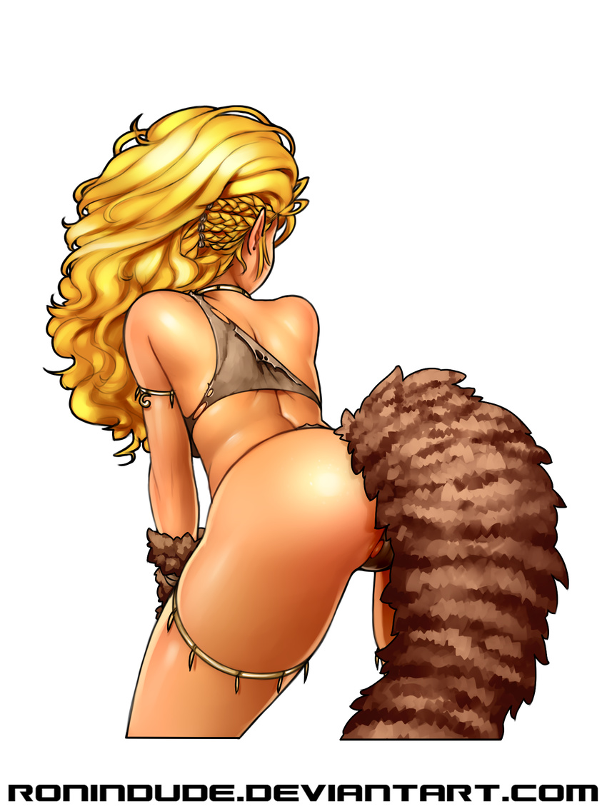 arm_warmers ass blonde_hair cave_elf_(ronindude) elf facing_away from_behind highres long_hair original pointy_ears ronindude side_braids single_strap solo tail