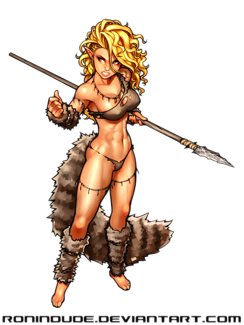 arm_warmers armlet bared_teeth barefoot blonde_hair breasts cave_elf_(ronindude) cleavage covered_nipples elf full_body highres holding holding_weapon leg_warmers lips long_hair medium_breasts navel original pointy_ears polearm ronindude single_strap solo spear tail toned weapon