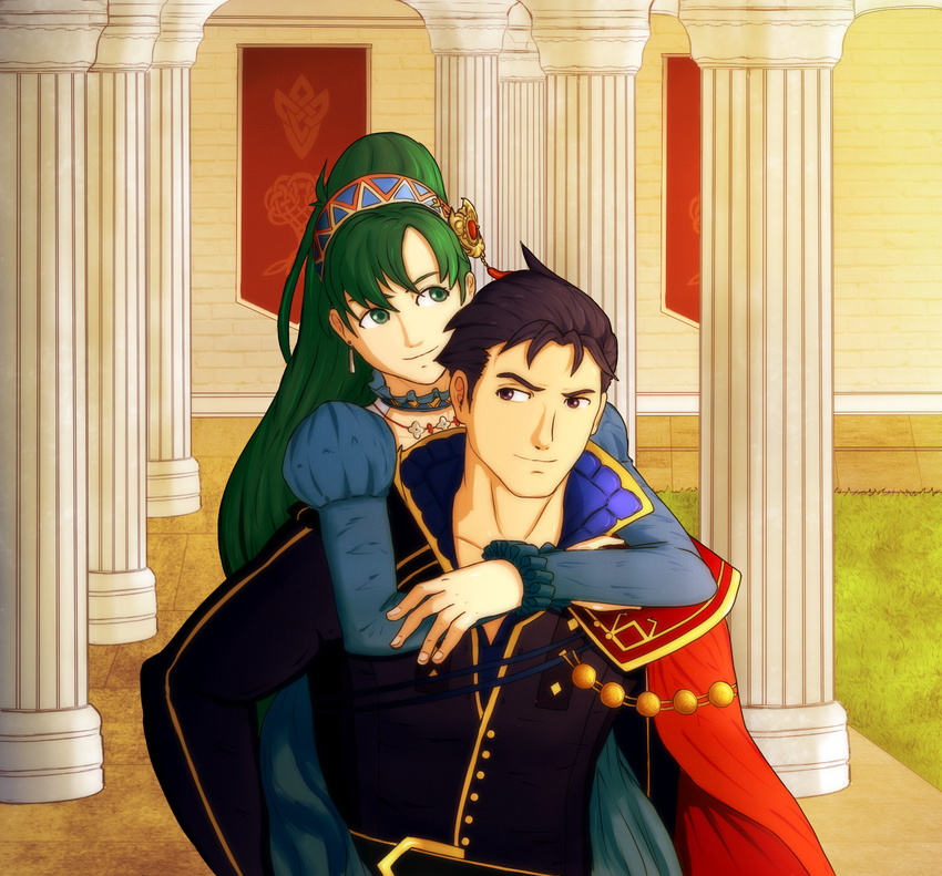 1girl banner belt blue_dress blue_eyes blue_hair blue_shirt cape carrying collar couple dress european_clothes fire_emblem fire_emblem:_rekka_no_ken fire_emblem_heroes frilled_sleeves frills green_eyes green_hair hector_(fire_emblem) hetero highres jewelry long_hair long_sleeves lyndis_(fire_emblem) necklace piggyback pillar ponytail red_cape shirt short_hair smile very_long_hair