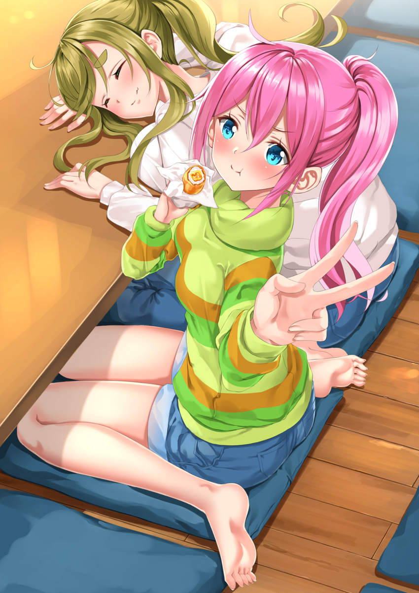 :t ahoge bangs barefoot blue_eyes blue_pants blue_shorts blush breast_rest breasts closed_eyes closed_mouth commentary_request cushion denim denim_shorts eating egg eyebrows_visible_through_hair feet food from_above from_behind green_hair hair_between_eyes head_rest head_tilt high_ponytail highres holding holding_food indoors inuyama_aoi jeans kagamihara_nadeshiko large_breasts long_hair long_sleeves looking_at_viewer looking_to_the_side multiple_girls pants pillow pink_hair ponytail ribbed_sweater shirt short_shorts shorts sidelocks sitting smile soles striped striped_shirt sweater swordsouls table thick_eyebrows toenails toes turtleneck v very_long_hair wariza white_sweater wooden_floor yurucamp zabuton