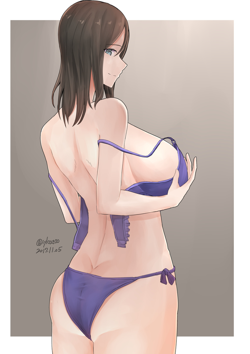 absurdres ass back black_hair blue_eyes bra breast_hold breasts closed_mouth cowboy_shot dated from_behind girls_und_panzer grey_background highres irukatto large_breasts light_smile long_hair looking_at_viewer looking_back nonna open_bra outside_border panties purple_bra purple_panties side-tie_panties sideboob solo standing strap_slip twitter_username underwear undressing