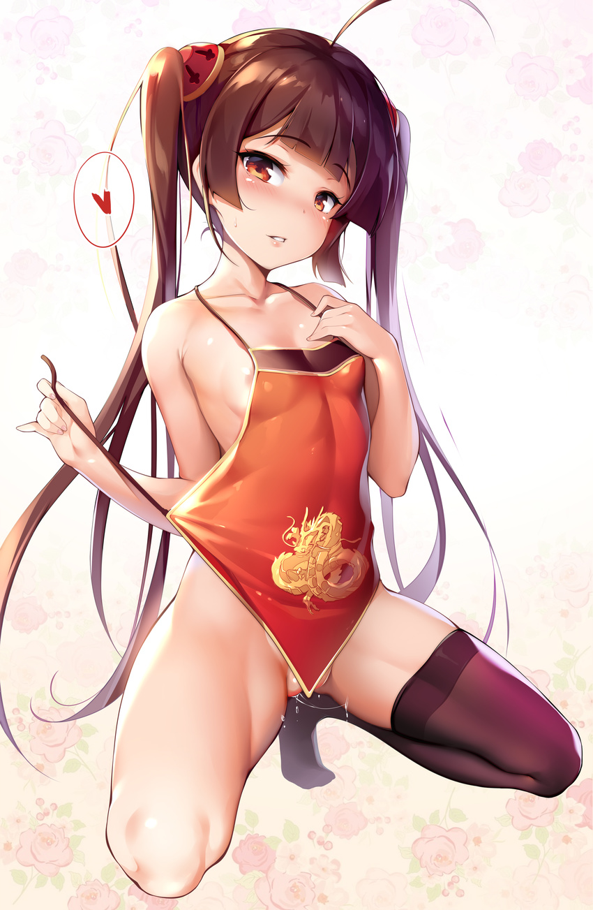 absurdres ahoge areola_slip areolae azur_lane bangs bare_shoulders black_legwear blush breasts brown_hair chinese_clothes chinese_new_year collarbone commentary_request dudou eyebrows_visible_through_hair floral_background full_body heart highres kneeling lips long_hair looking_at_viewer medium_breasts no_panties no_shoes parted_lips partially_visible_vulva ping_hai_(azur_lane) pussy_juice red_eyes shiny shiny_hair shiny_skin shuffle_(songdatiankong) single_thighhigh solo teeth thighhighs twintails untied