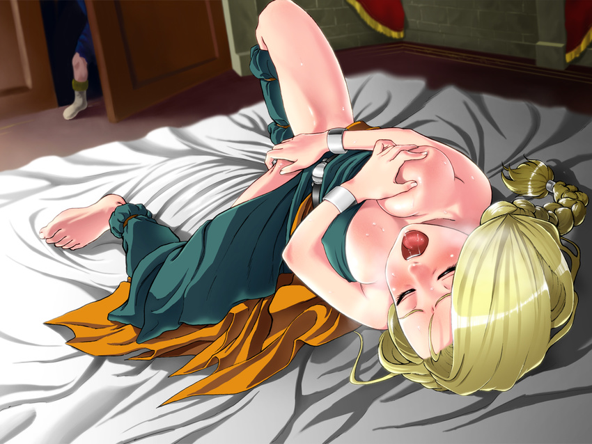 1girl bare_shoulders barefoot bed belt bianca blonde_hair blush braid breast_grab breasts door dragon_quest dragon_quest_v dress eyes_closed feet green_dress highres indoors legs long_braid long_hair lying masturbation medium_breasts moaning no_bra no_panties on_bed one_breast_out open_mouth saliva self_fondle shiny shiny_hair single_braid solo_focus spread_legs strapless sweat thighs toes vermilion voyeurism