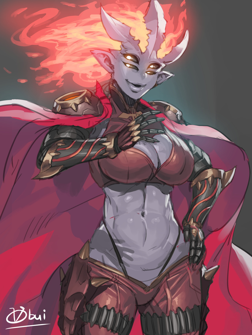 black_eyes breasts cape extra_eyes fire gauntlets hand_on_hip highres large_breasts looking_at_viewer midriff monster_girl navel obui purple_skin smile solo strap