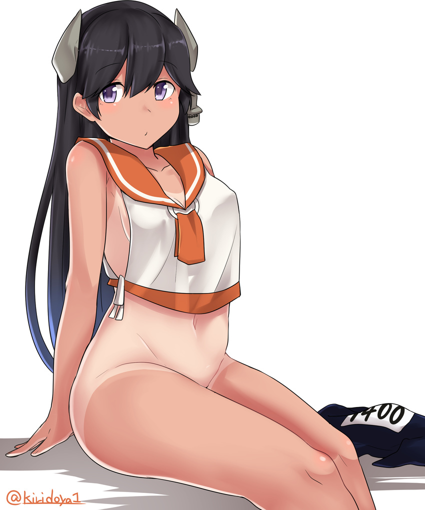 absurdres arms_behind_back bangs bare_arms bare_shoulders black_hair bottomless braid breasts character_name closed_mouth collarbone crop_top feet_out_of_frame groin hair_between_eyes headgear highres i-400_(kantai_collection) kantai_collection kiritto legs_together long_hair looking_at_viewer medium_breasts name_tag navel one-piece_swimsuit one-piece_tan orange_sailor_collar pouty_lips purple_eyes sailor_collar shiny shiny_skin shirt sideboob simple_background sitting sleeveless sleeveless_shirt solo stomach straight_hair swimsuit swimsuit_removed tan tanline tareme thighs twin_braids twitter_username very_long_hair white_background white_shirt