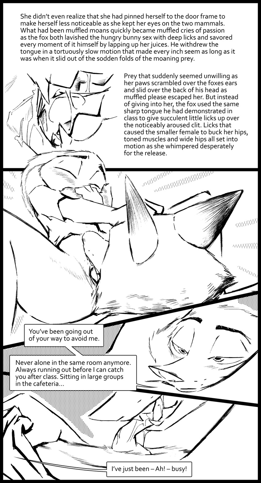 2018 anthro black_and_white blush bottomless canine clothed clothing comic cunnilingus dialogue disney duo english_text female fox hand_on_head judy_hopps lagomorph licking male male/female mammal monochrome nick_wilde oral pussy rabbit saliva sex simple_background text thewyvernsweaver tongue tongue_out vaginal white_background zootopia