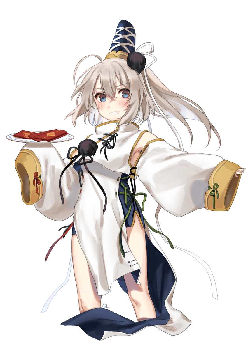 absurdres adapted_costume ahoge alternate_costume armpits blue_eyes blush chinese_new_year commentary detached_sleeves dress eyebrows_visible_through_hair feet_out_of_frame grin hair_between_eyes hat highres holding holding_plate long_sleeves looking_at_viewer mononobe_no_futo plate pom_pom_(clothes) ponytail shan silver_hair simple_background sleeves_past_wrists smile solo standing tate_eboshi touhou white_background white_dress wide_sleeves
