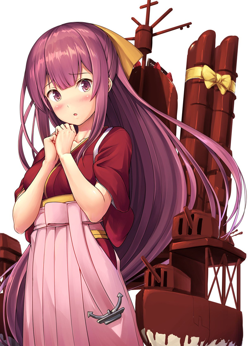 anchor autocannon blush bow breasts chocolate chocolate_covered collarbone cowboy_shot hair_bow hakama hands_together highres ichikawa_feesu japanese_clothes kamikaze_(kantai_collection) kantai_collection kimono long_hair looking_at_viewer medium_breasts meiji_schoolgirl_uniform parted_lips pink_hakama purple_eyes purple_hair red_kimono rigging shiny shiny_hair simple_background smokestack solo straight_hair torpedo_tubes turret white_background