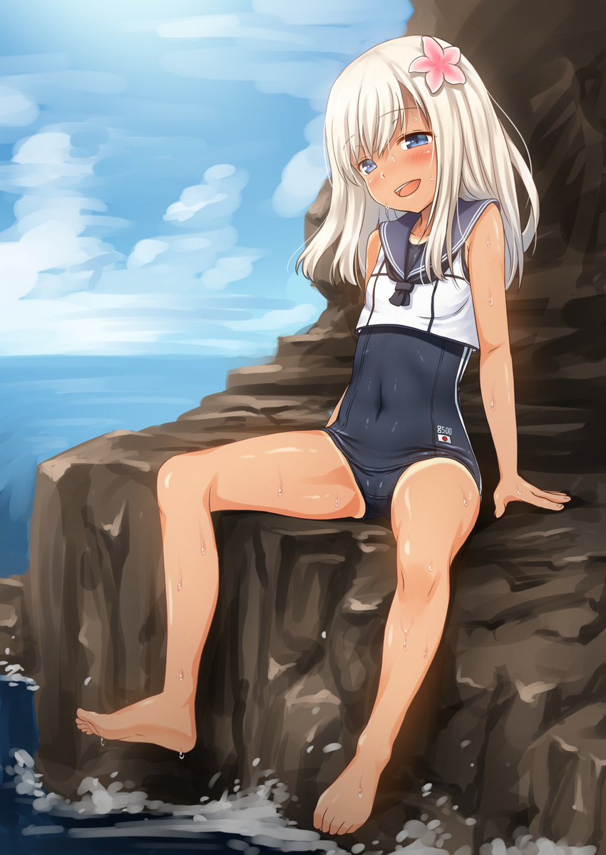 :d arms_at_sides bangs bare_legs barefoot black_swimsuit blonde_hair blue_sky blue_swimsuit blush breasts broiler character_name clothes_writing cloud covered_navel crop_top day eyebrows_visible_through_hair full_body highres horizon japanese_flag kantai_collection long_hair looking_away looking_down ocean one-piece_tan open_mouth ro-500_(kantai_collection) rock school_swimsuit shiny shiny_skin sitting skin_tight sky sleeveless small_breasts smile solo starfish_hair_ornament straight_hair swimsuit swimsuit_under_clothes tan tanline tareme upper_teeth water water_drop wet wet_clothes wet_swimsuit