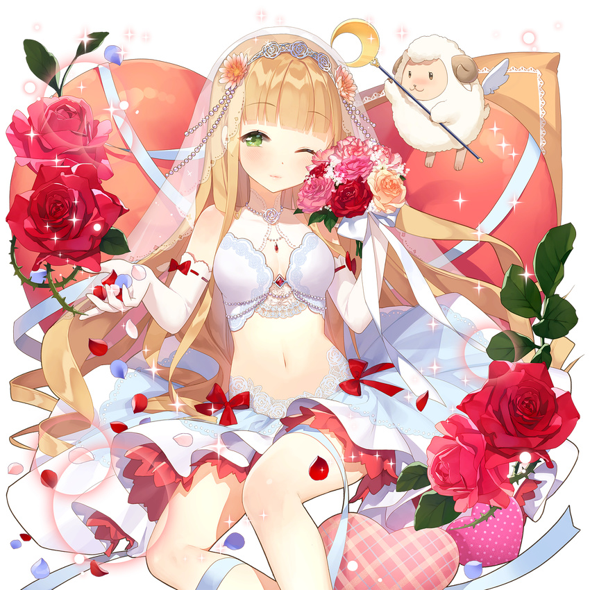 :3 ;) bangs beads blunt_bangs blush bouquet bow breasts bridal_veil cleavage cleavage_cutout closed_mouth crescent crop_top dress drill_hair elbow_gloves eyebrows_visible_through_hair floating flower gem gloves green_eyes hair_flower hair_ornament half-closed_eyes halterneck hand_up happy heart heart_pillow highres holding holding_bouquet holding_staff lace leaf lens_flare light_brown_hair light_smile lina_princella long_hair looking_at_viewer medium_breasts midriff navel nose_blush official_art one_eye_closed orange_flower orange_rose outstretched_arm outstretched_hand petals petticoat pillow pink_flower pink_rose plaid plant pleated_skirt polka_dot red_bow red_flower red_rose ribbon ribbon-trimmed_gloves ribbon_trim rose ruby_(stone) salt_(salty) see-through sheep shiny shiny_hair sidelocks sitting skirt smile sparkle staff thorns tiara transparent_background turtleneck uchi_no_hime-sama_ga_ichiban_kawaii veil very_long_hair vines wedding_dress white_gloves white_wings wings