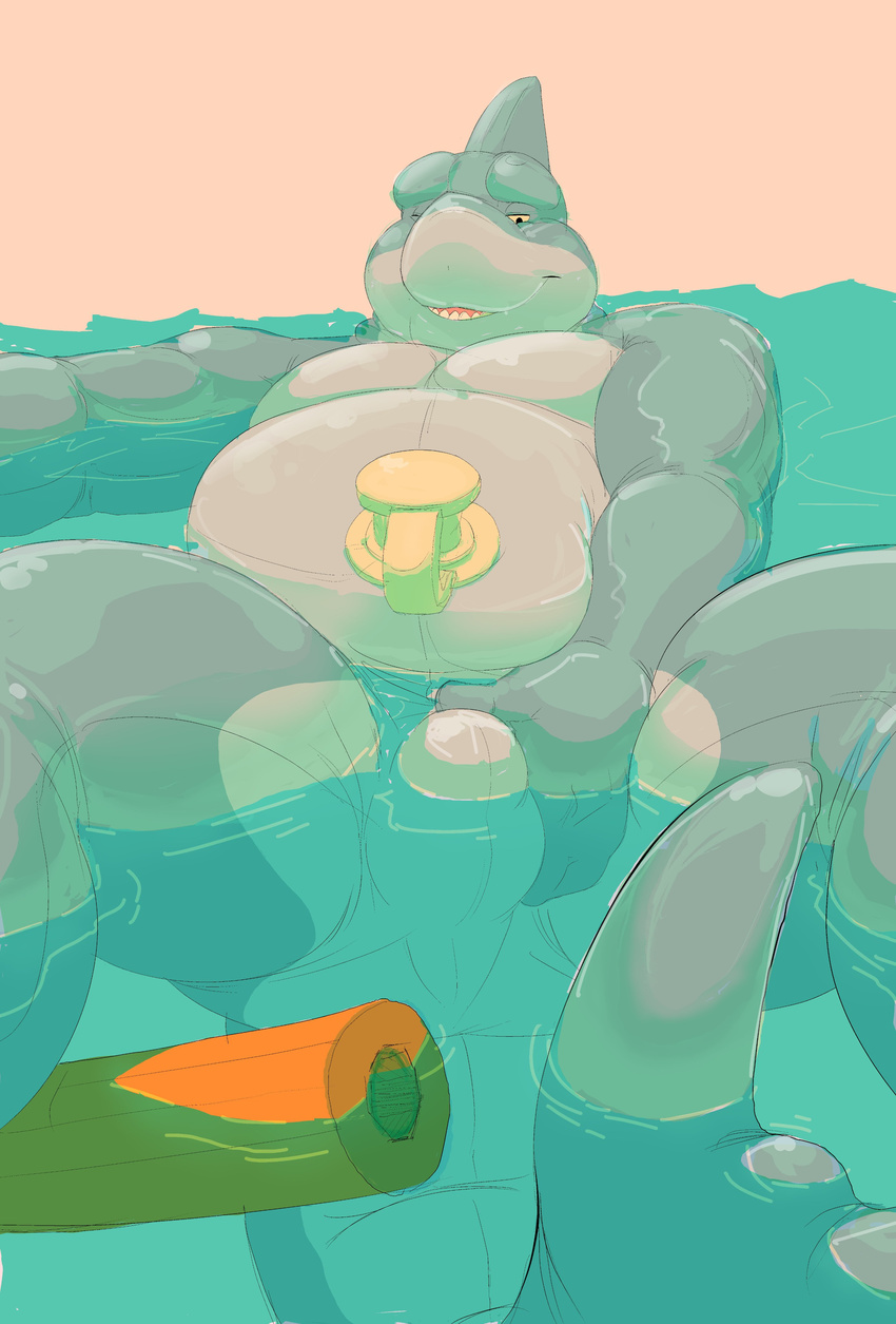 2017 absurd_res animate_inanimate anthro bulge daire301 digital_drawing_(artwork) digital_media_(artwork) fish hi_res inflatable living_inflatable male mammal marine nozzle nude open_mouth pool_toy rubber shark shiny simple_background smile solo teeth water