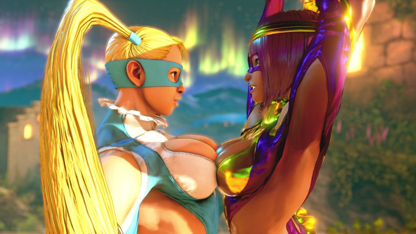 3d asymmetrical_docking blonde_hair breast_press breasts dark_skin domino_mask large_breasts mask medium_breasts menat multiple_girls purple_hair rainbow_mika street_fighter street_fighter_v twintails