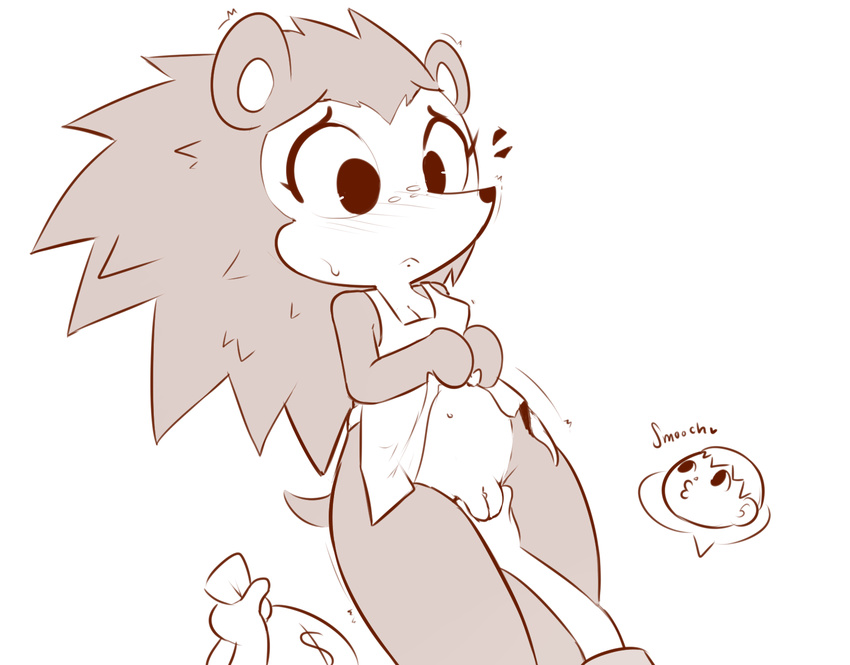 &lt;3 2018 animal_crossing anthro apron blush clothing duo english_text female hearlesssoul hedgehog human looking_at_viewer male mammal money_bag naked_apron nintendo pussy sable_able solo_focus text video_games