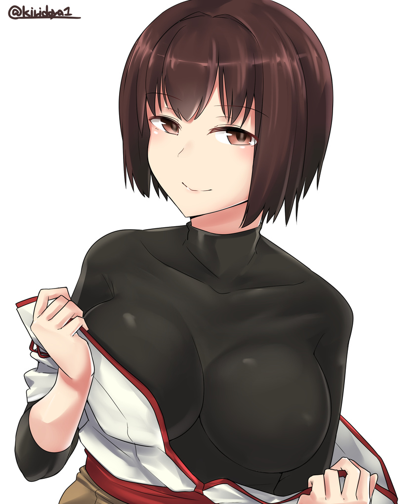 absurdres black_shirt breasts brown_eyes brown_hair brown_skirt highres hyuuga_(kantai_collection) japanese_clothes kantai_collection kiritto large_breasts nontraditional_miko shirt short_hair simple_background skin_tight skirt smile solo twitter_username white_background