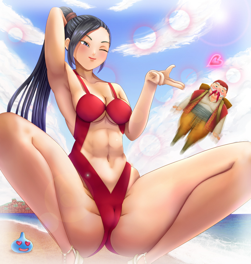 1girl beach blush cameltoe cleavage dragon_quest dragon_quest_xi happy heart-shaped_pupils martina_(dq11) navel navel_cutout nosebleed old_man one_eye_closed ponytail sky spread_legs squatting swimsuit