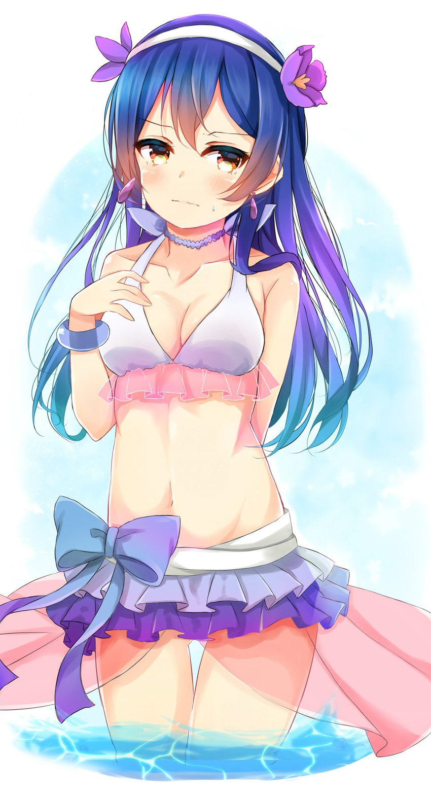 bangs bikini bikini_skirt blue_hair blush bracelet cowboy_shot dorisu2 eyebrows_visible_through_hair flower frilled_bikini frills hair_between_eyes hair_flower hair_ornament hand_on_own_chest hibiscus highres jewelry long_hair looking_at_viewer love_live! love_live!_school_idol_project natsuiro_egao_de_1_2_jump! navel necklace ribbon simple_background smile solo sonoda_umi swimsuit wavy_mouth yellow_eyes