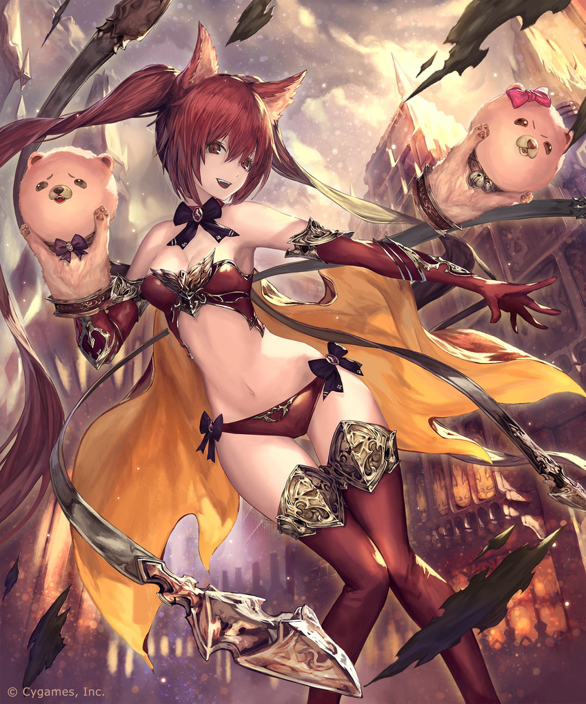 bangs breasts cerberus_(shingeki_no_bahamut) collarbone elbow_gloves eyebrows_visible_through_hair feet_out_of_frame gloves hair_between_eyes highres hips large_breasts long_hair looking_at_viewer navel official_art open_mouth red_hair red_legwear shingeki_no_bahamut sidelocks solo stomach tachikawa_mushimaro teeth thighhighs twintails very_long_hair