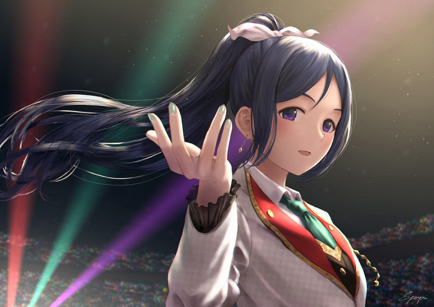:d aqua_nails bangs blush commentary_request concert earrings floating_hair frilled_sleeves frills green_neckwear hair_ribbon hand_up indoors jacket jewelry juliet_sleeves long_hair long_sleeves looking_at_viewer love_live! love_live!_sunshine!! matsuura_kanan nail_polish necktie open_mouth papi_(papiron100) parted_bangs ponytail puffy_sleeves purple_eyes purple_hair ribbon signature smile stage stage_lights upper_body white_jacket white_ribbon wing_collar