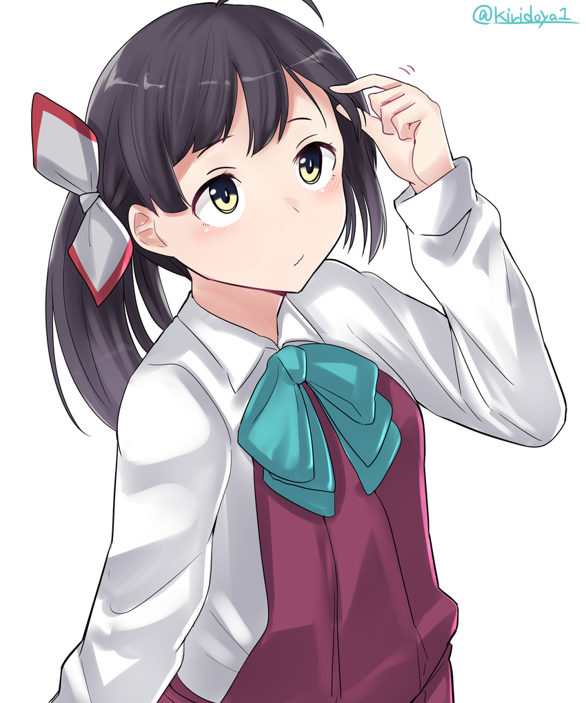 absurdres ahoge arm_at_side arm_up bangs black_eyes black_hair blue_bow blue_neckwear bow bowtie bright_pupils collared_shirt fujinami_(kantai_collection) hair_ribbon highres kantai_collection kiritto long_hair long_sleeves looking_up motion_lines multicolored multicolored_eyes playing_with_own_hair ponytail purple_vest ribbon shirt solo tareme twitter_username upper_body vest white_ribbon white_shirt wing_collar yellow_eyes