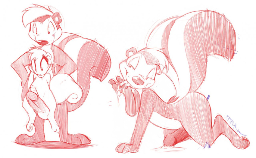 0r0ch1 anthro ball_gag balls cub cum cum_on_arm gag gay looney_tunes male mammal monochrome penis pep&#233;_le_pew pepe_le_pew red_and_white rodent size_difference sketch skunk squirrel warner_brothers young