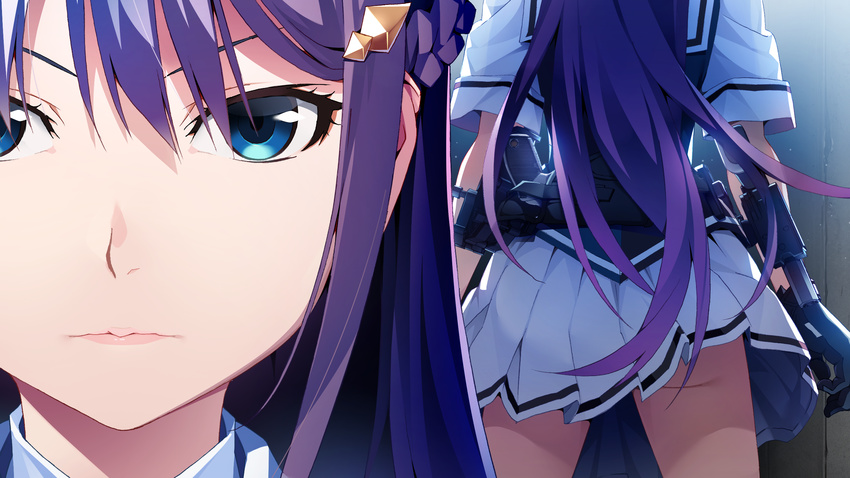 aqua_eyes ass braids close front_wing fukami_reina game_cg grisaia:_phantom_trigger gun long_hair purple_hair seifuku skirt watanabe_akio weapon