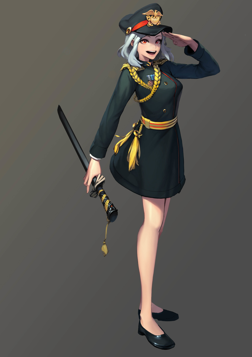 :d absurdres arm_at_side arm_up badge bare_legs black_coat black_footwear black_hat breasts emblem epaulettes full_body gradient gradient_background grey_background hat highres holding holding_sword holding_weapon lips long_hair long_sleeves looking_at_viewer medium_breasts military military_uniform no_socks open_mouth original red_eyes romana round_teeth salute sheath sheathed shoes silver_hair smile standing sword tassel teeth uniform weapon