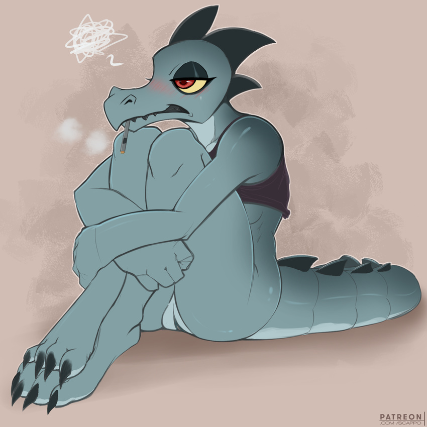 2018 4_toes alligator anthro bea_(nitw) blush bottomless cigarette claws clothed clothing conditional_dnp crocodilian female hi_res night_in_the_woods pussy red_eyes reptile scalie scappo smoking solo toe_claws toes yellow_sclera